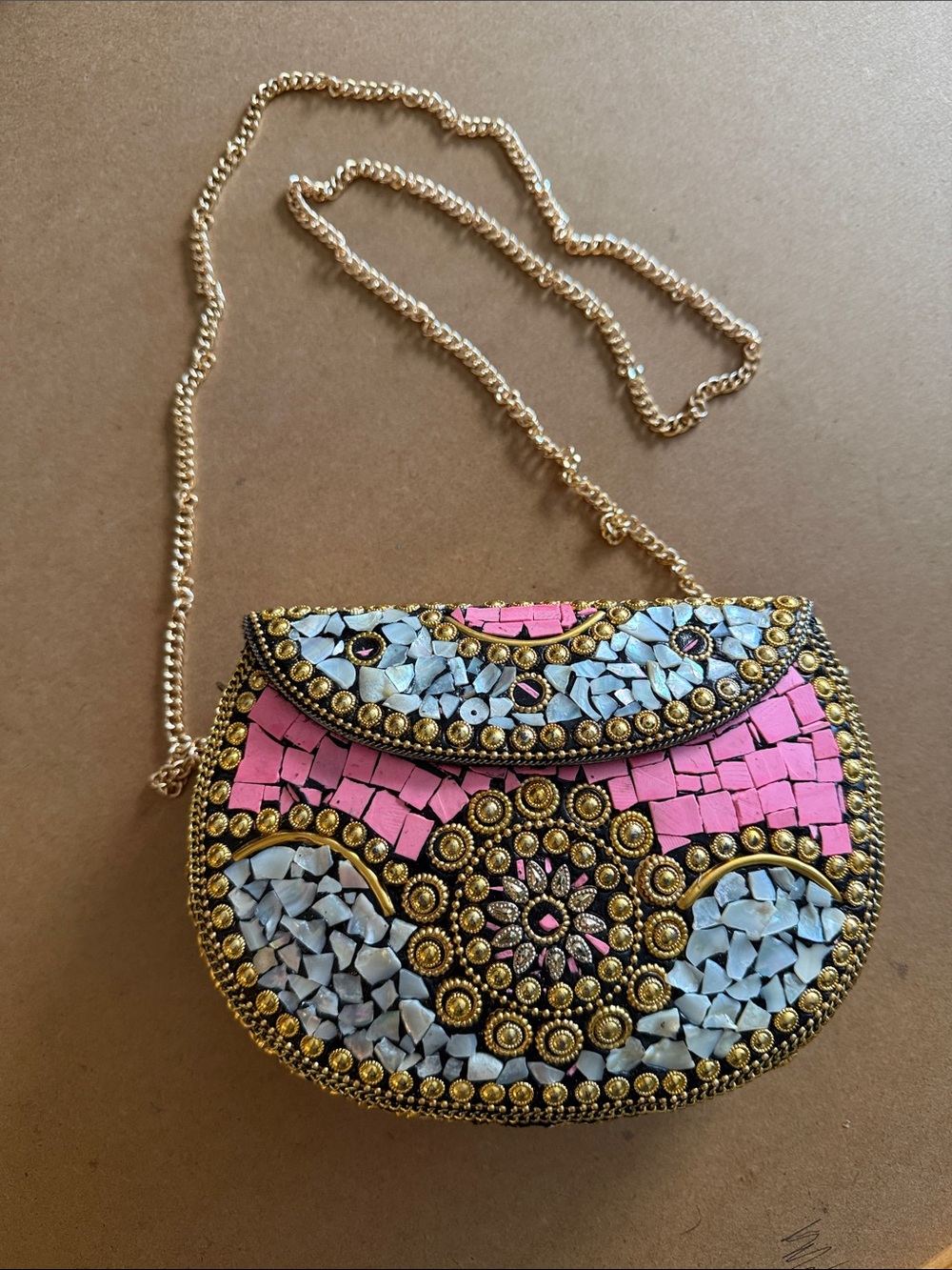 Embellished Pink & White Mosaic Crossbody Clutch with Gold Chain